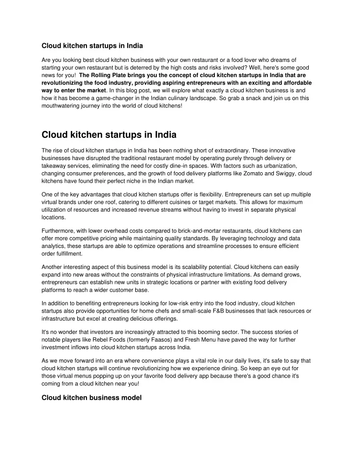 cloud kitchen startups in india