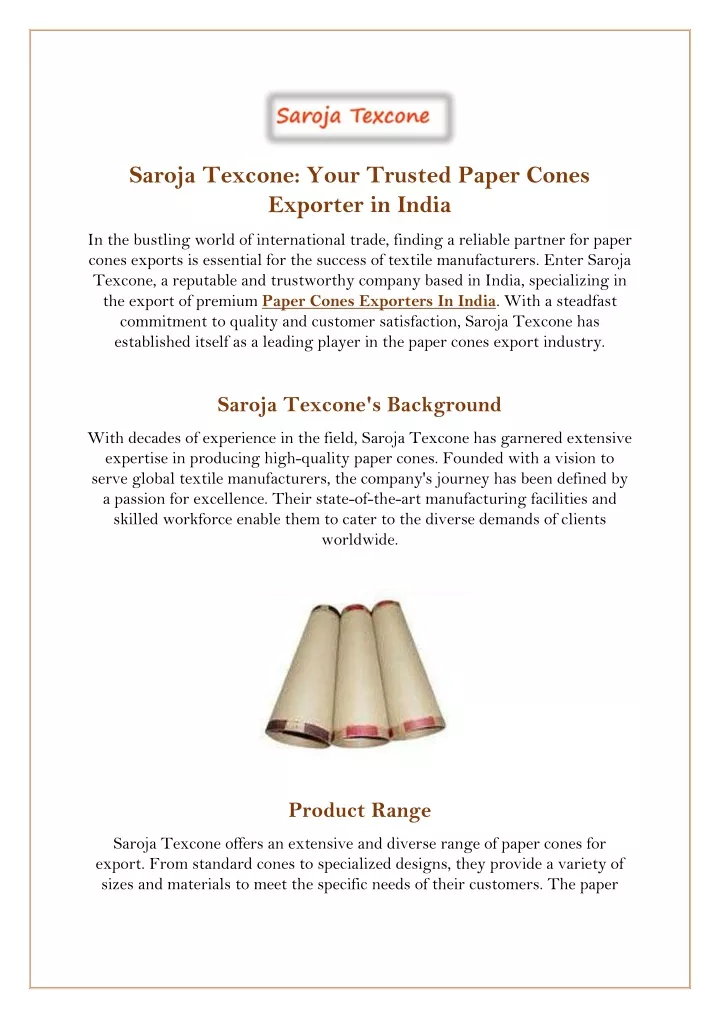 saroja texcone your trusted paper cones exporter
