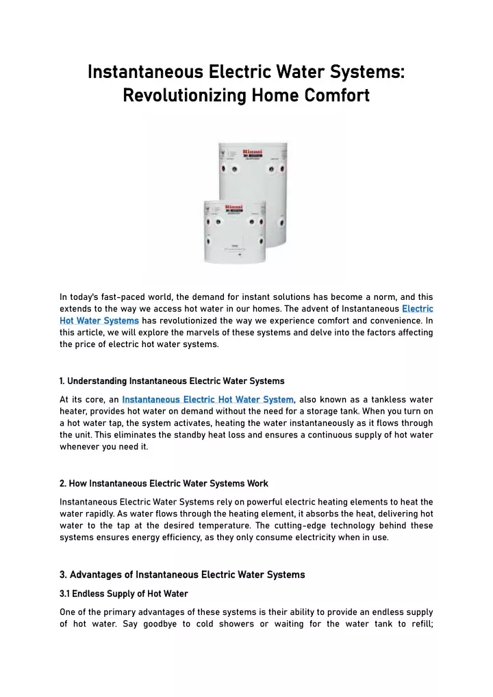 instantaneous electric water systems