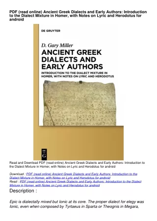 PDF (read online) Ancient Greek Dialects and Early Authors: Introduction to the Dialect Mixture in Homer, with Notes on