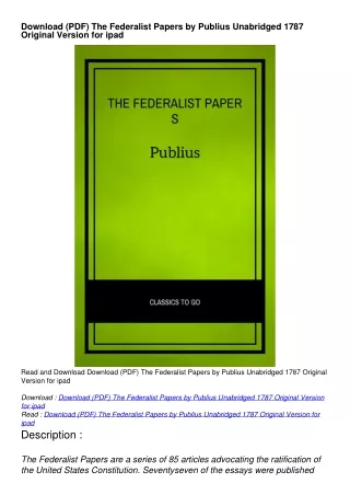 Download (PDF) The Federalist Papers by Publius Unabridged 1787 Original Version for ipad