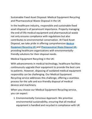Sustainable Fixed Asset Disposal-Medical Equipment Recycling and Pharmaceutical Waste Disposal in the UK