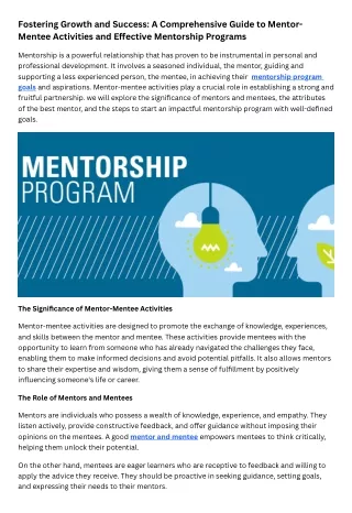Fostering Growth and Success A Comprehensive Guide to Mentor-Mentee Activities and Effective Mentorship Programs