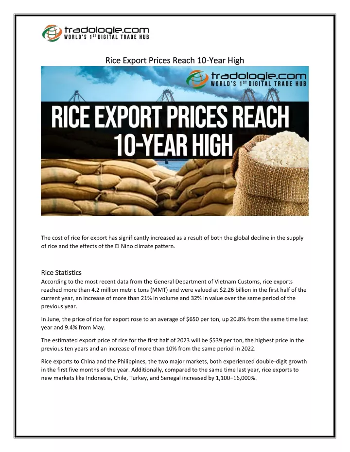 rice export prices reach 10 rice export prices