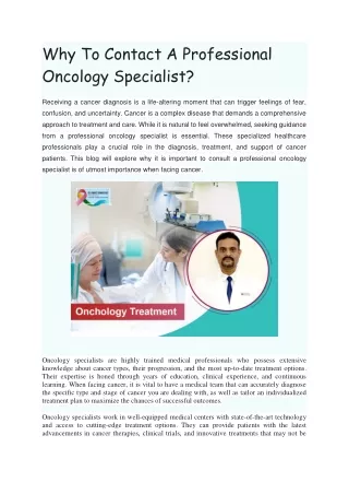 Why To Contact A Professional Oncology Specialist