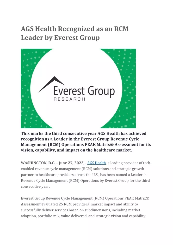 ags health recognized as an rcm leader by everest