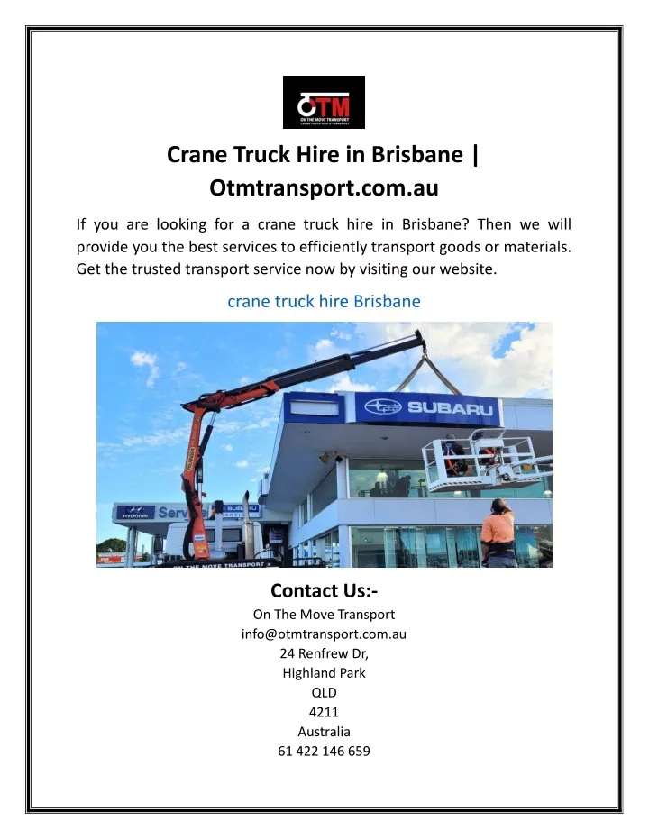 crane truck hire in brisbane otmtransport com au