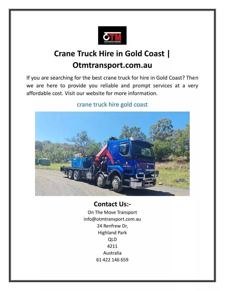 crane truck hire in gold coast otmtransport com au