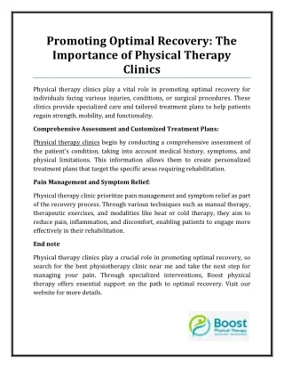 Promoting Optimal Recovery: The Importance of Physical Therapy Clinics