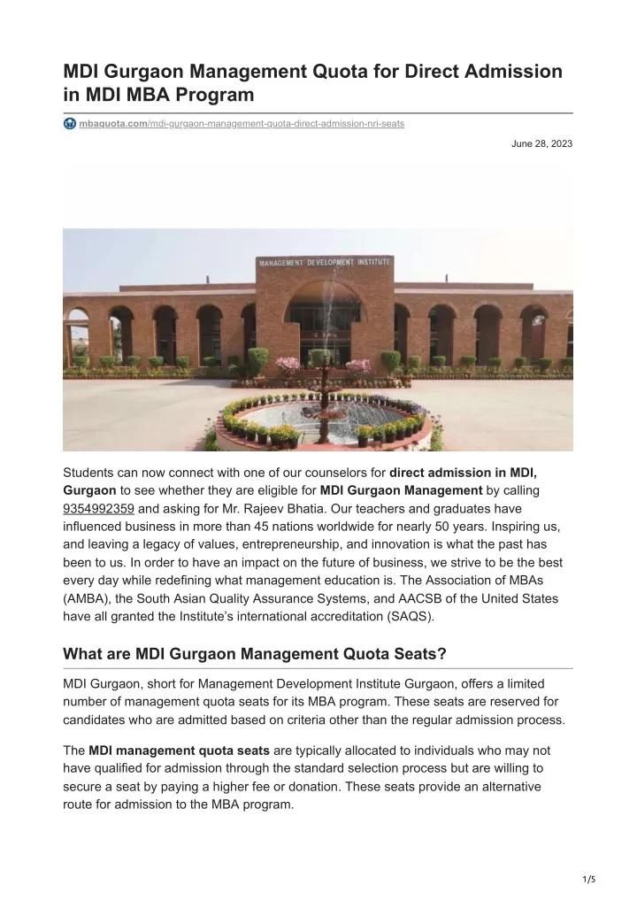mdi gurgaon management quota for direct admission