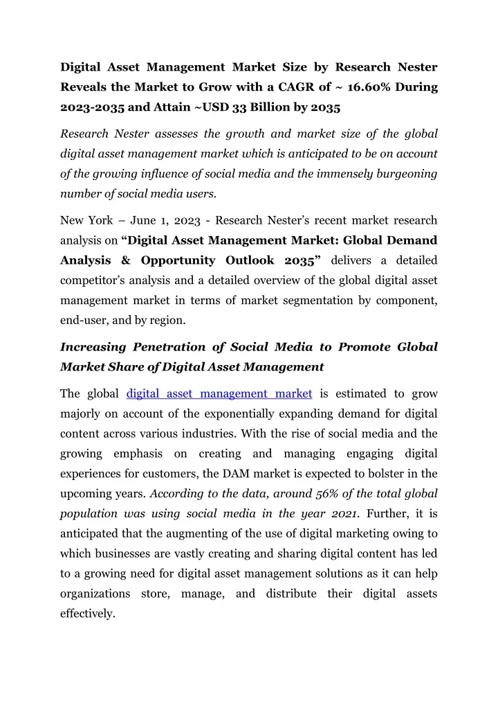 digital asset management market size by research