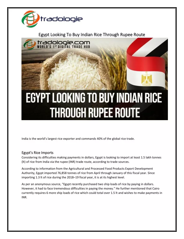 egypt looking to buy indian rice through rupee