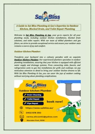 Expert Outdoor Kitchen Plumber | Sai Bliss Plumbing & Gas