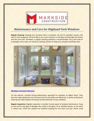 Maintenance and Care for Highland Park Windows