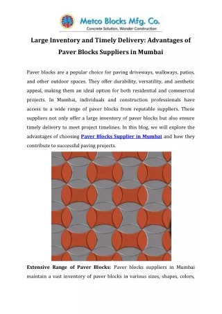 Large Inventory and Timely Delivery Advantages of Paver Blocks Suppliers in Mumbai