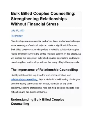Bulk Billed Couples Counselling_ Strengthening Relationships Without Financial Stress