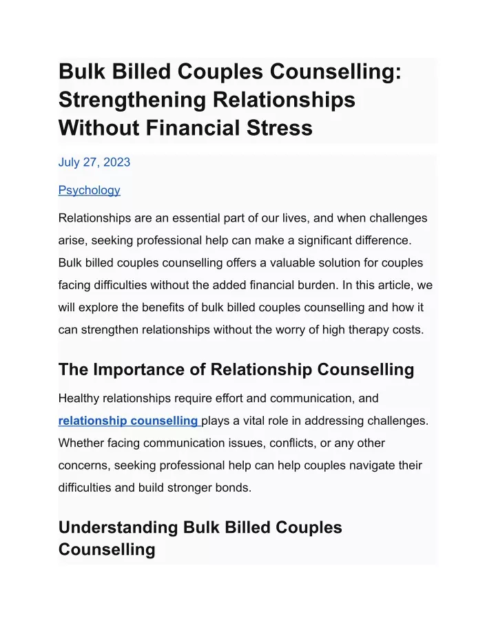 bulk billed couples counselling strengthening
