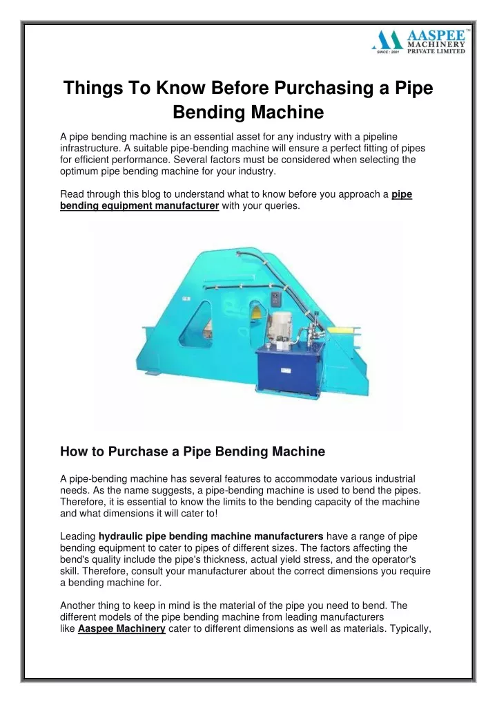 things to know before purchasing a pipe bending