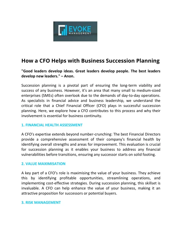 how a cfo helps with business succession planning
