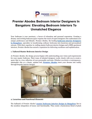 Premier Abodes Bedroom Interior Designers In Bangalore - Elevating Bedroom Interiors to Unmatched Elegance