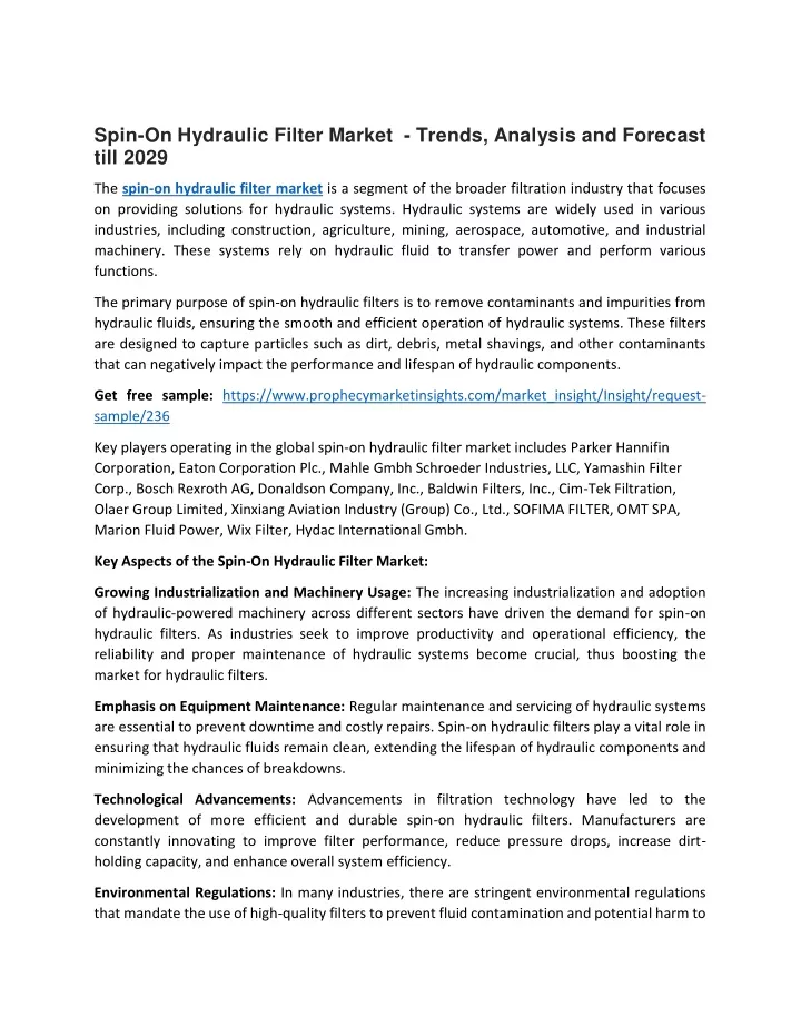 spin on hydraulic filter market trends analysis