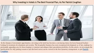 Why Investing In Hotels Is The Best Financial Plan, As Per Patrick Coughlan