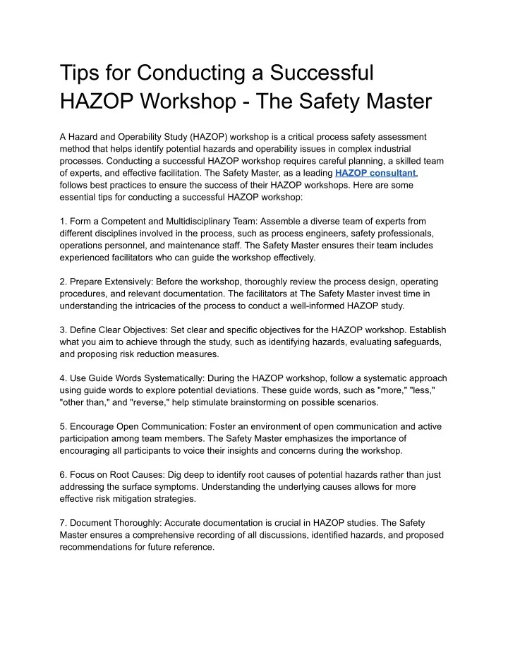tips for conducting a successful hazop workshop