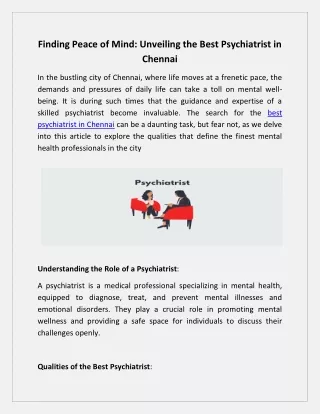 Finding Peace of Mind: Unveiling the Best Psychiatrist in Chennai