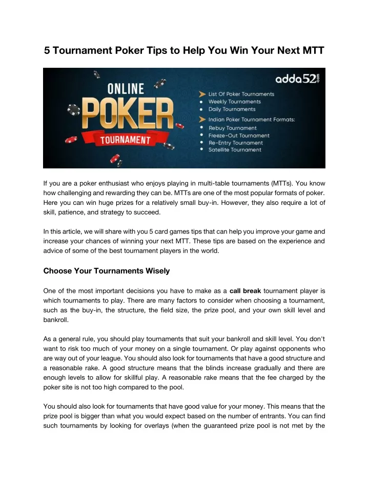 5 tournament poker tips to help you win your next
