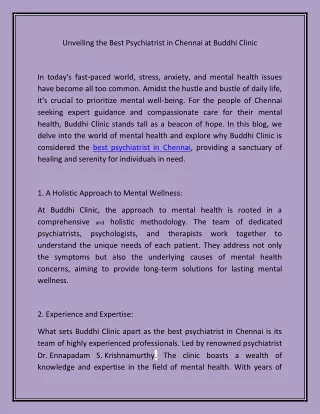 Unveiling the Best Psychiatrist in Chennai at Buddhi Clinic