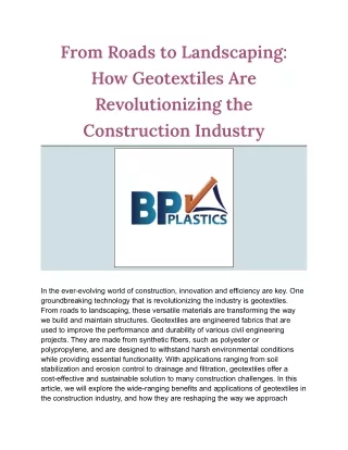 How Geotextiles Are Revolutionizing the Construction Industry