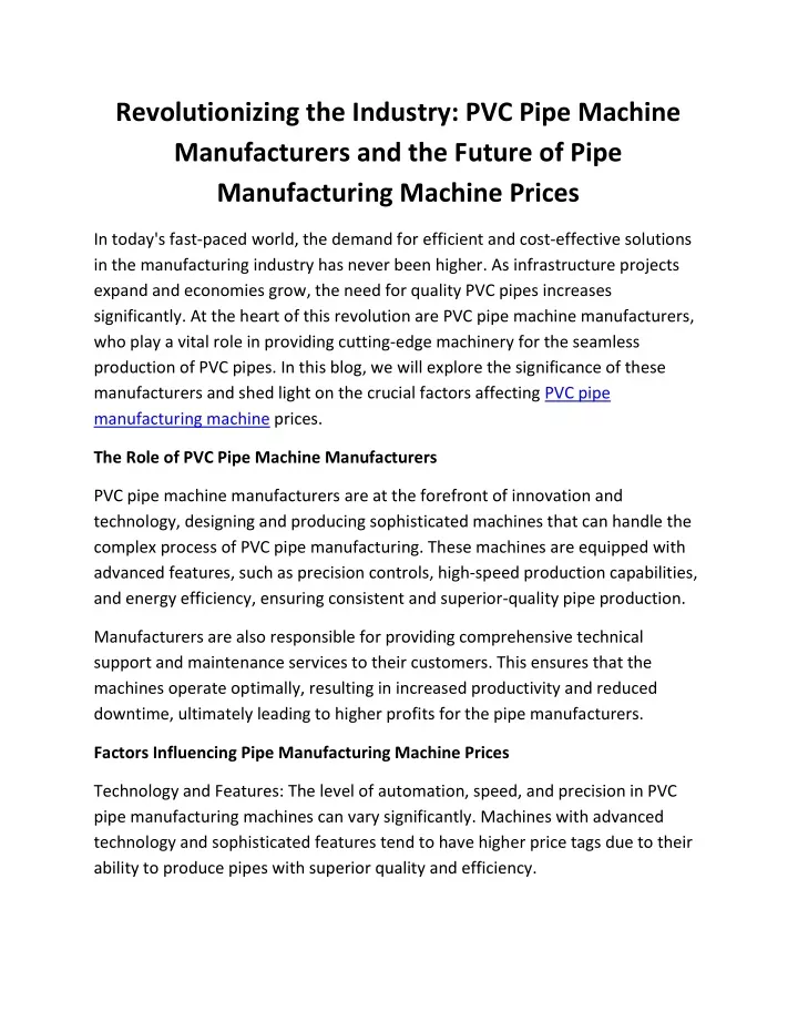 revolutionizing the industry pvc pipe machine