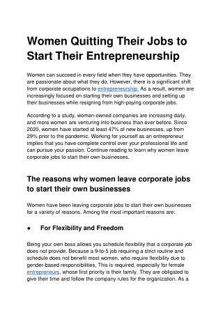 Women Quitting their Jobs To start Their Entrepreneurship