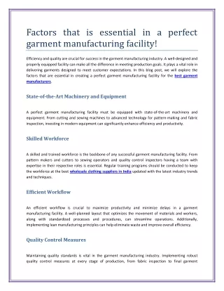 Factors that is essential in a perfect garment manufacturing facility