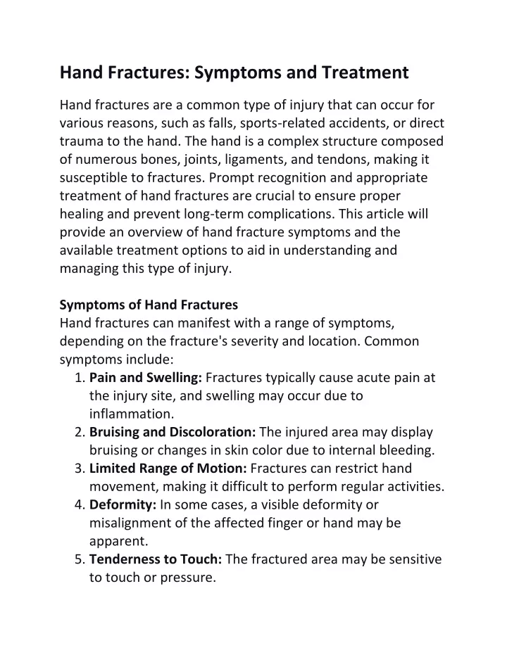 hand fractures symptoms and treatment hand