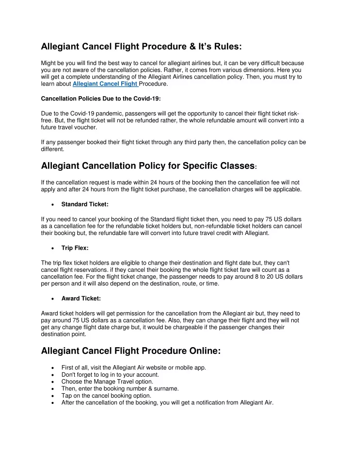 allegiant cancel flight procedure it s rules