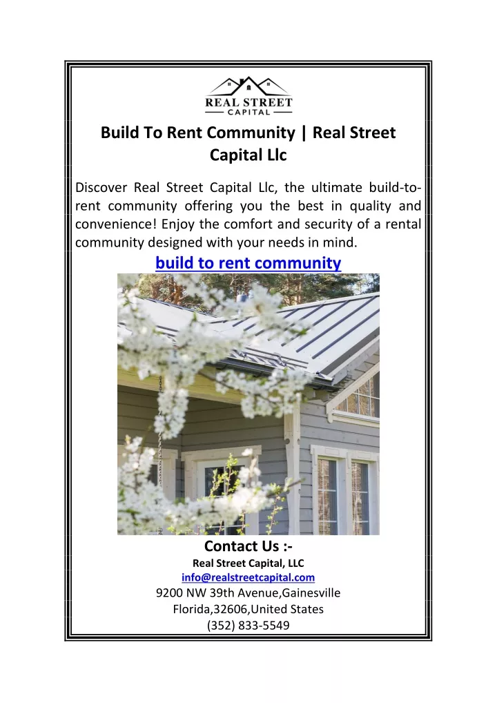 build to rent community real street capital llc