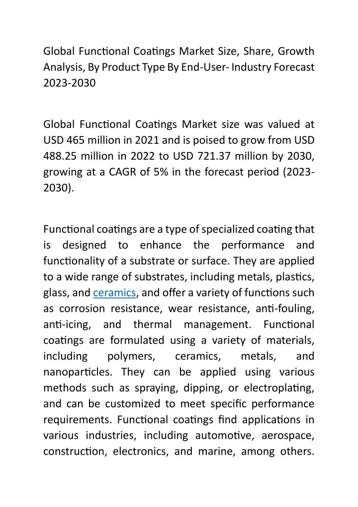 global functional coatings market size share