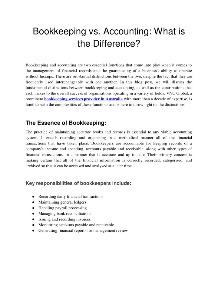 bookkeeping vs accounting what is the difference