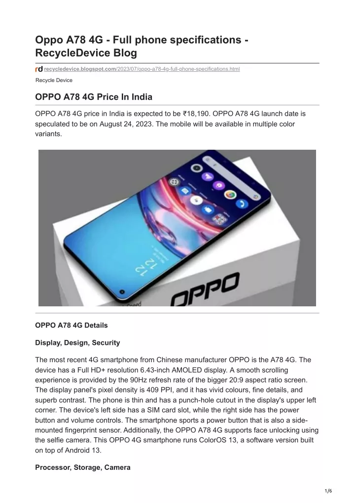 oppo a78 4g full phone specifications