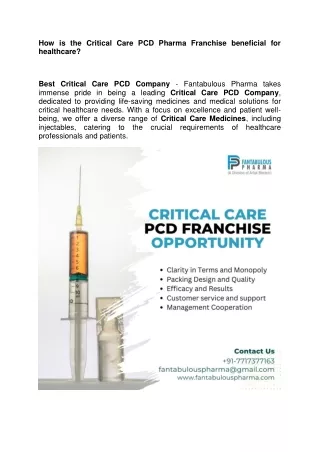 How is the Critical Care PCD Pharma Franchise beneficial for healthcare