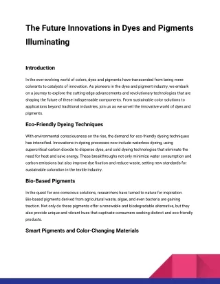 The Future Innovations in Dyes and Pigments Illuminating