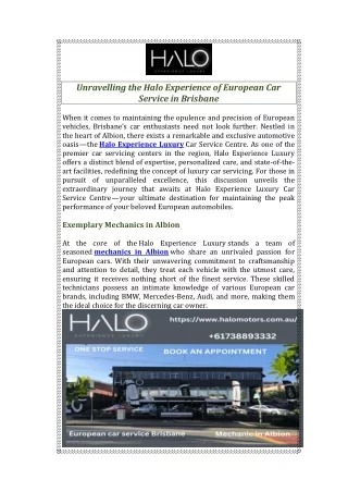 Expert Mechanics in Albion | Halo Experience Luxury