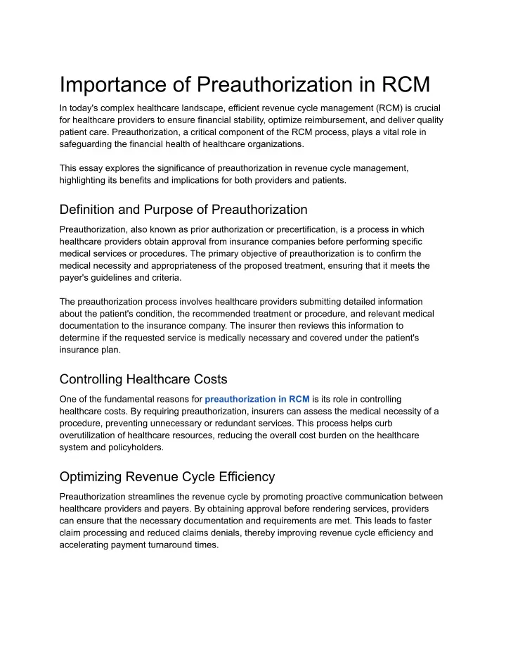 importance of preauthorization in rcm