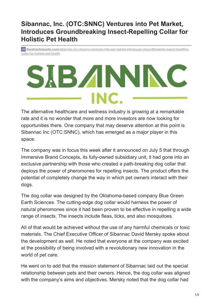 sibannac inc otc snnc ventures into pet market