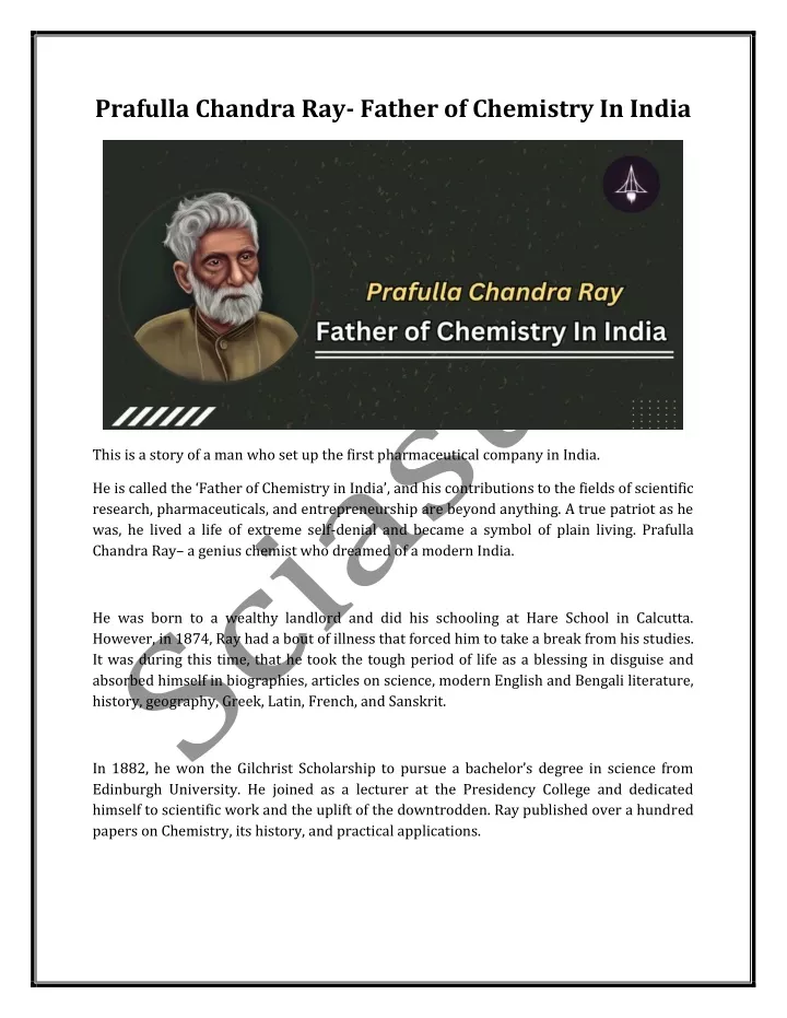 prafulla chandra ray father of chemistry in india