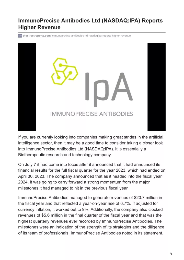 immunoprecise antibodies ltd nasdaq ipa reports