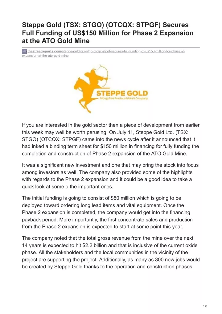 steppe gold tsx stgo otcqx stpgf secures full