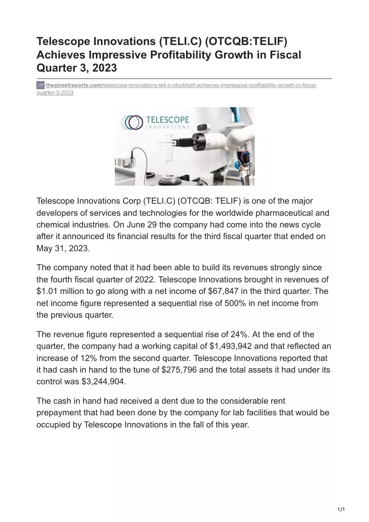 telescope innovations teli c otcqb telif achieves