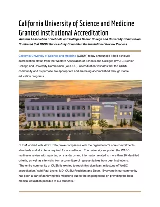 California University of Science and Medicine Granted Institutional Accreditation